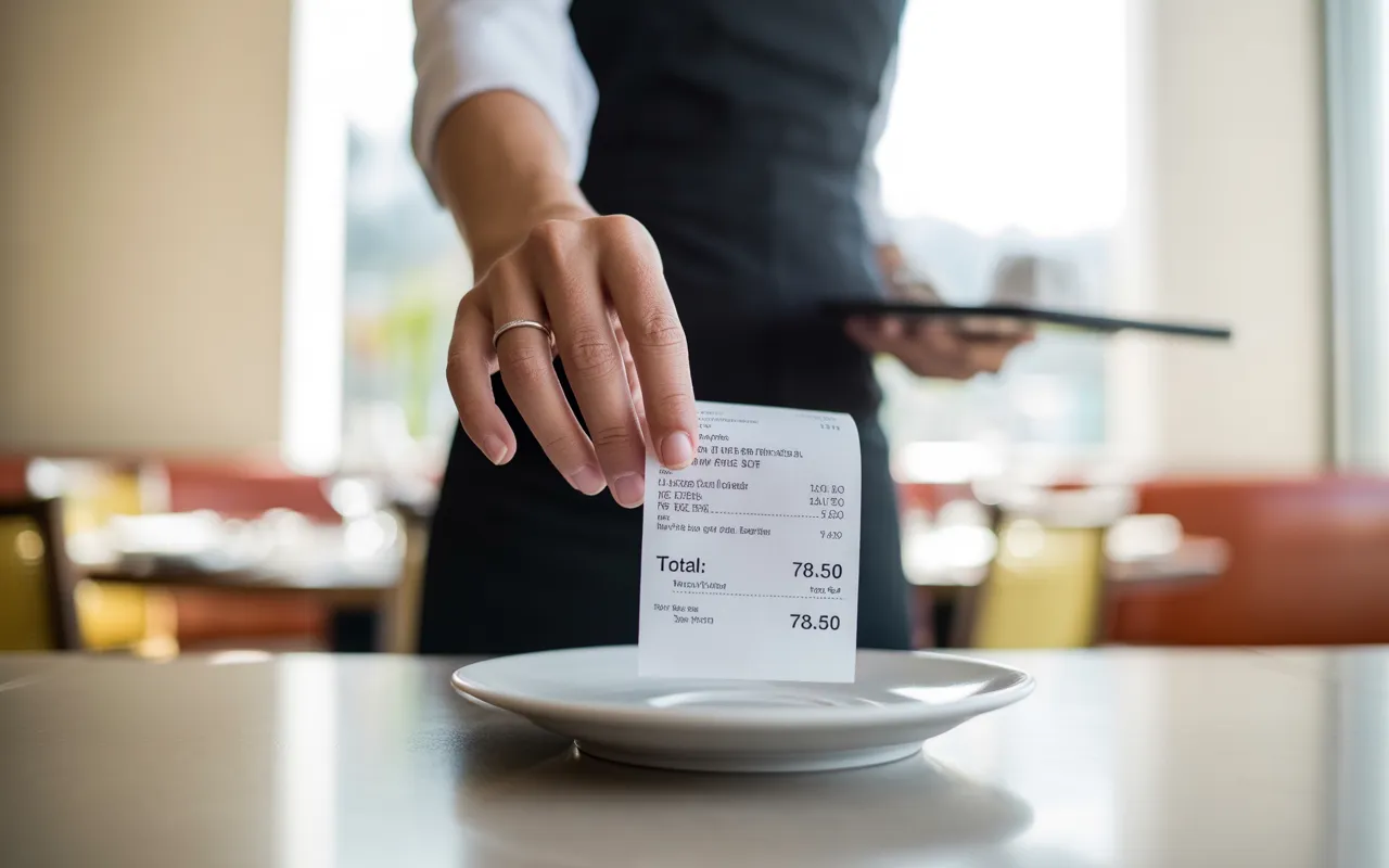Serveur apportant l’addition sur une soucoupe dans un restaurant moderne, focalisé sur la facture pour illustrer le calcul de la tva en restauration, ambiance chic avec table élégamment dressée et décor chaleureux.