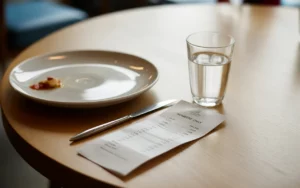Table de restaurant élégante avec addition papier, assiette entamée, stylo et verre d’eau, illustrant la tva en restauration dans un décor chic et chaleureux.