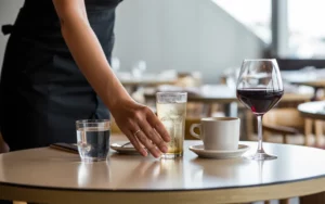 Serveur déposant divers verres (eau, soda, café, vin) sur une table de restaurant en bois clair, illustrant le service et la tva en restauration, arrière-plan flou, lumière naturelle, ambiance chaleureuse.