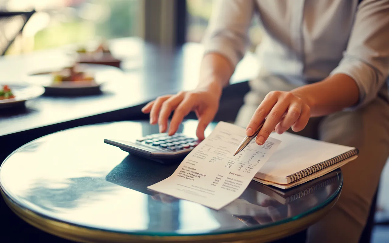 Main d’expert-comptable posant une calculatrice et un stylo sur une facture de restaurant dans un bistrot élégant, illustrant l’application de la tva en restauration.