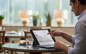 Mains d’un restaurateur vérifiant une facture tva en restauration sur une table élégante avec ordinateur portable, verre d’eau et assiette de pain dans un restaurant lumineux au décor épuré.