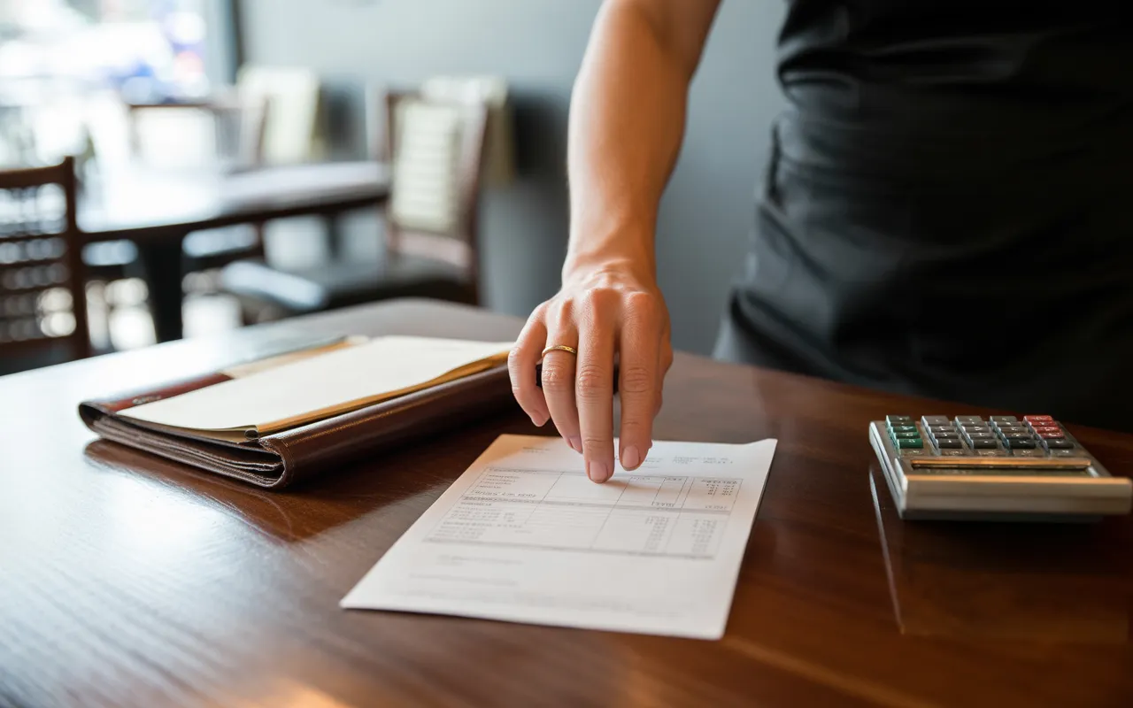Main d’un restaurateur consultant une facture et un carnet de commande avec calculatrice sur une table de restaurant élégante, illustrant une vérification de la tva en restauration, décor minimaliste en arrière-plan.