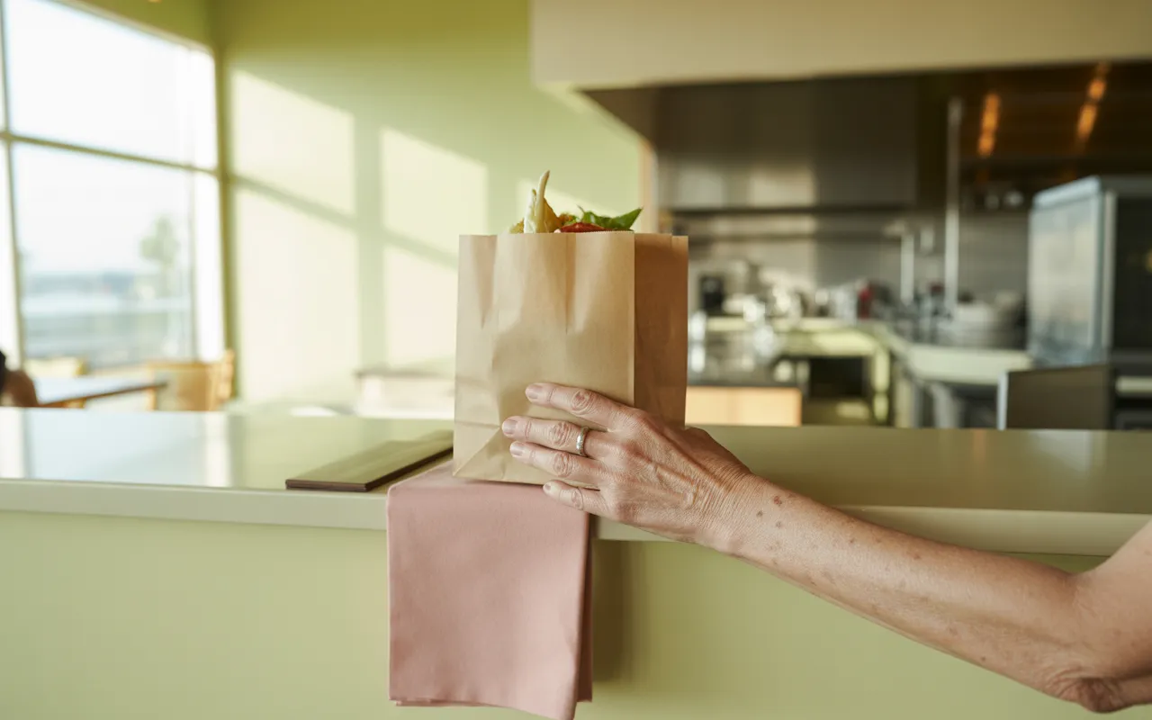 Main tendant un sac kraft avec plat à emporter à travers un comptoir de restaurant moderne, arrière-plan cuisine floue, illustrant le concept tva en restauration.