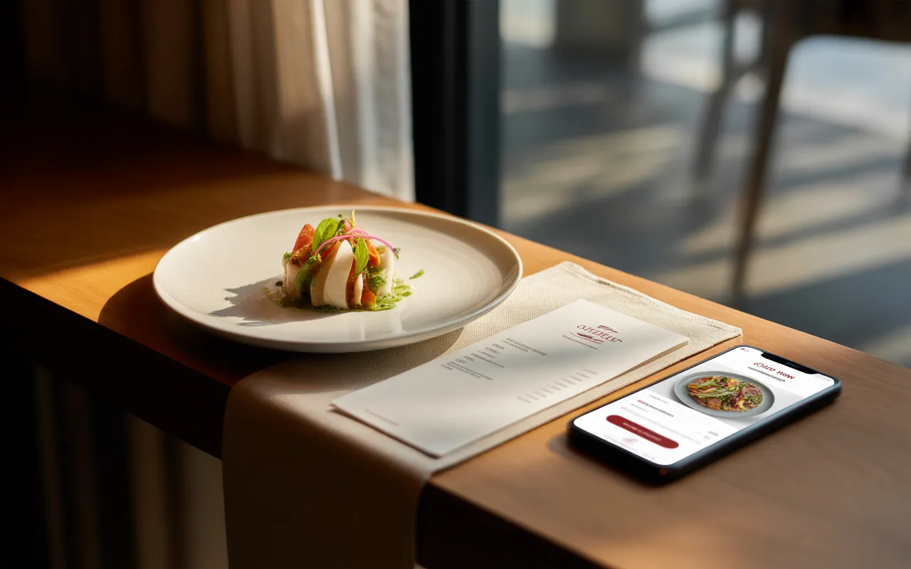 Table de restaurant élégamment dressée avec assiette gastronomique, facture de restaurant visible et smartphone affichant une appli de livraison, mettant en avant le concept de tva en restauration, ambiance chaleureuse et professionnelle.