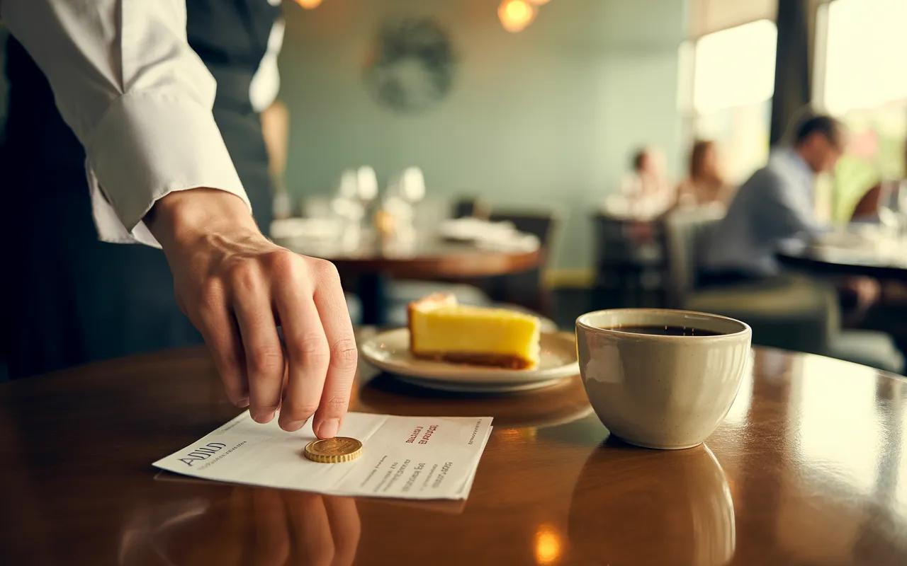 Serveur déposant une addition avec billets et pièce sur une table de restaurant élégante, tasse de café et dessert en avant-plan, illustrant le paiement et la tva en restauration.