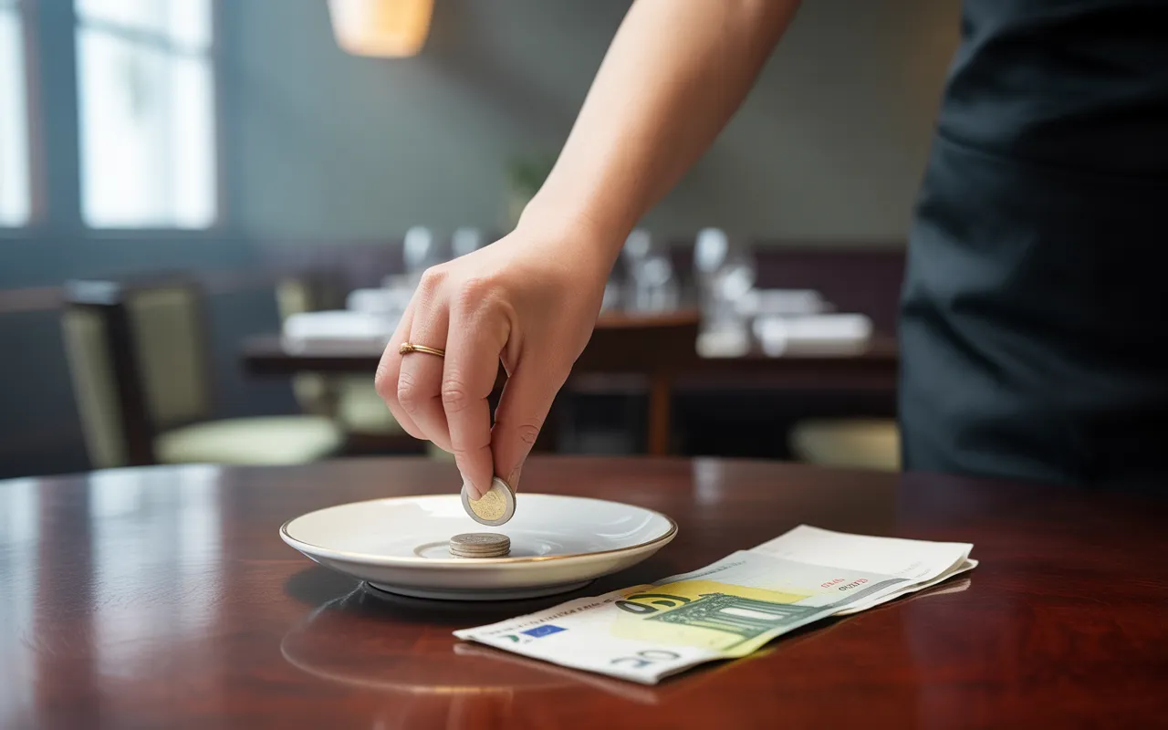 Main posant une pièce de monnaie sur une soucoupe avec addition et billet sur table de restaurant élégante, illustrant le concept de tva en restauration dans un cadre professionnel lumineux.