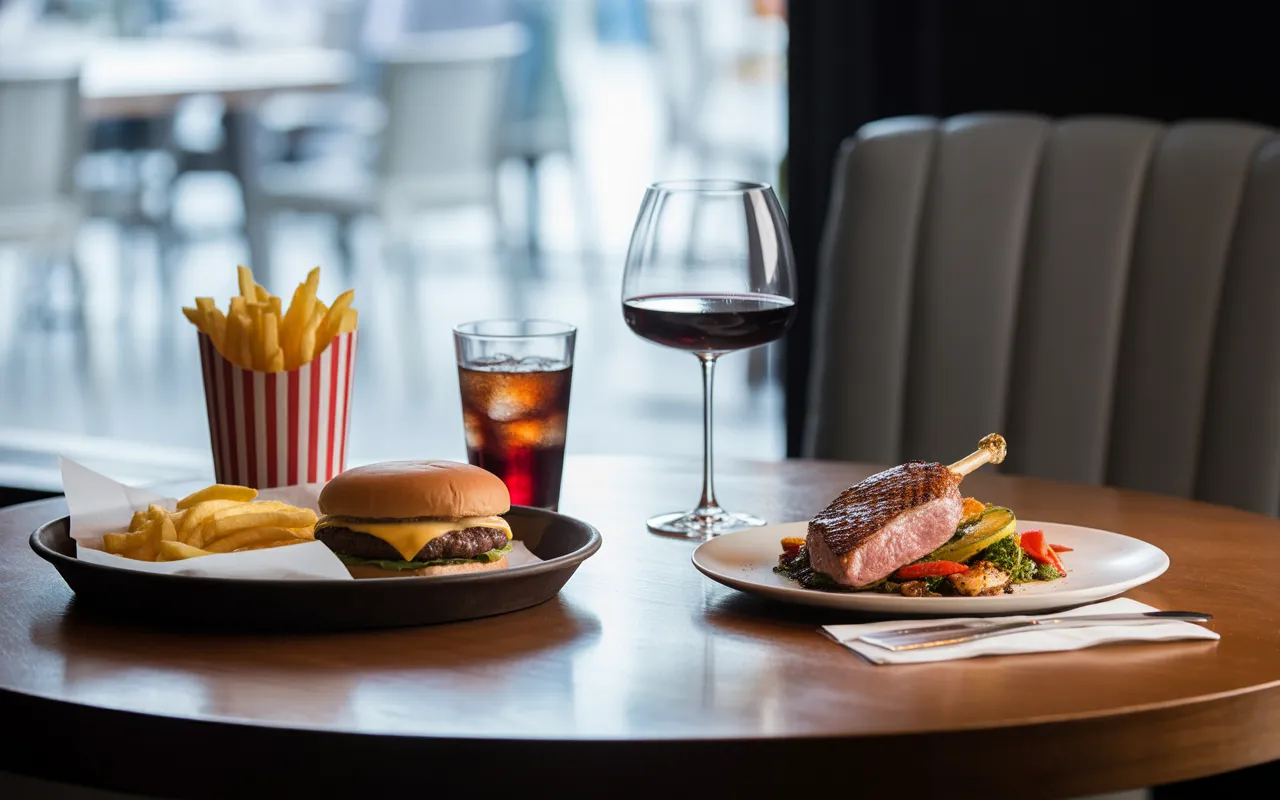 Table de restaurant partagée entre fast-food (hamburger, frites, soda) et plat traditionnel français (magret de canard, légumes, vin), illustrant la différence d’application de la tva en restauration.