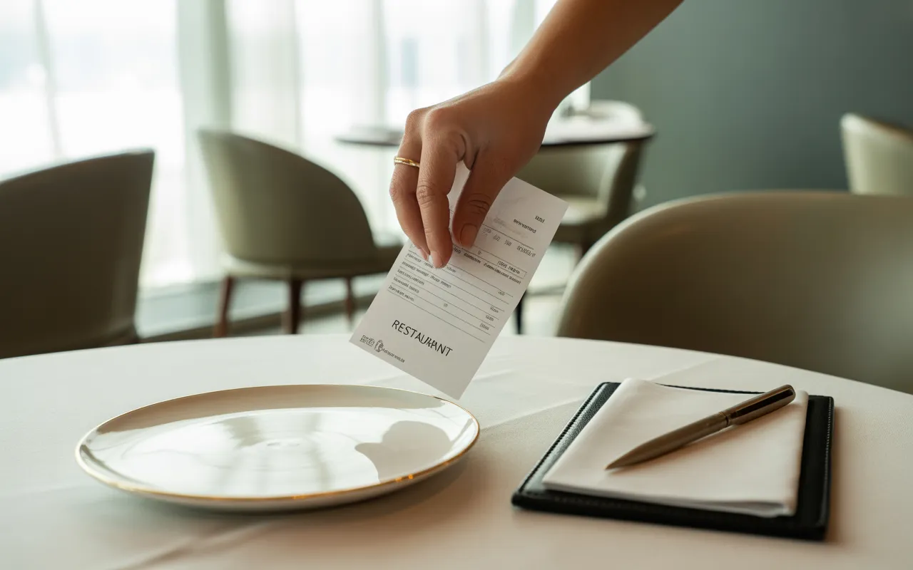 Main posant une addition sur une table de restaurant moderne avec assiette raffinée, carnet et stylo, illustrant la tva en restauration.