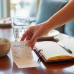 Main plaçant un ticket de caisse sur une table élégante de restaurant avec tasse de café et carnet ouvert, scène mettant en avant la tva en restauration, ambiance chic et professionnelle, lumière naturelle douce.