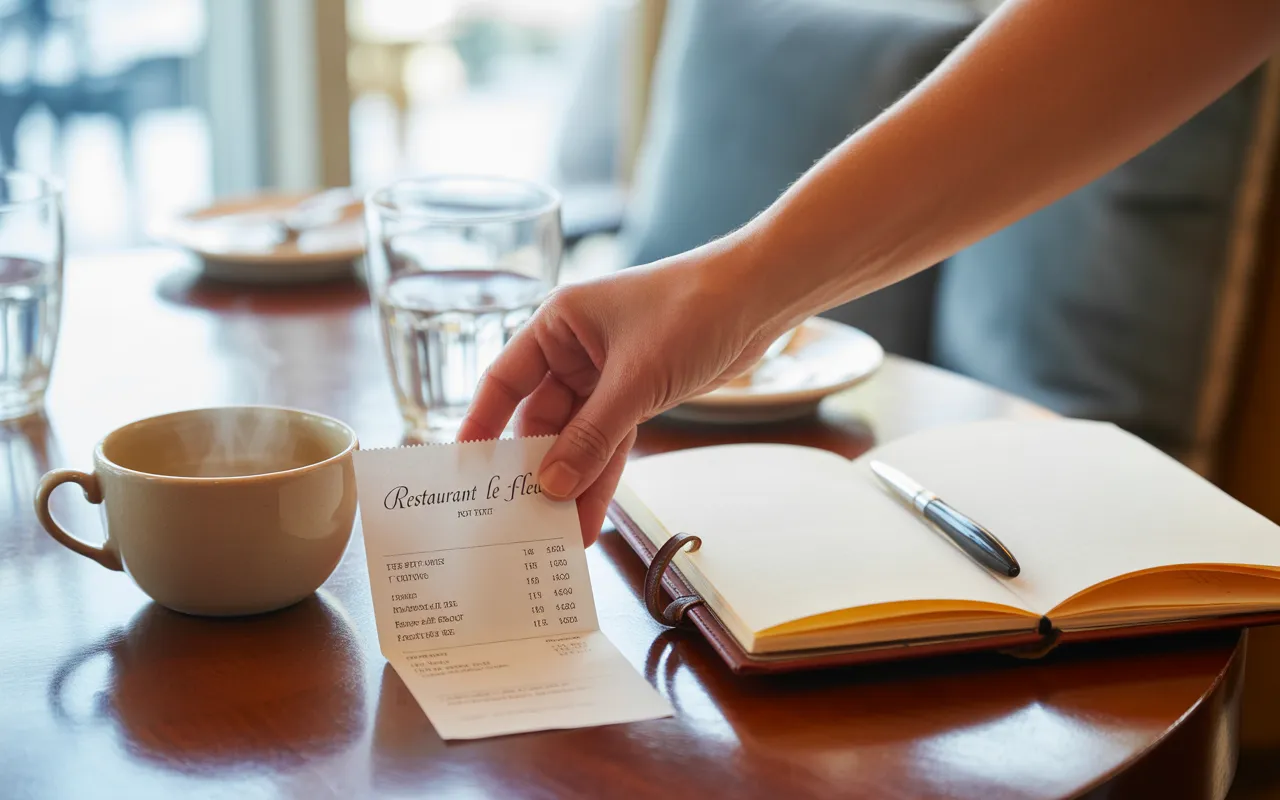 Main plaçant un ticket de caisse sur une table élégante de restaurant avec tasse de café et carnet ouvert, scène mettant en avant la tva en restauration, ambiance chic et professionnelle, lumière naturelle douce.