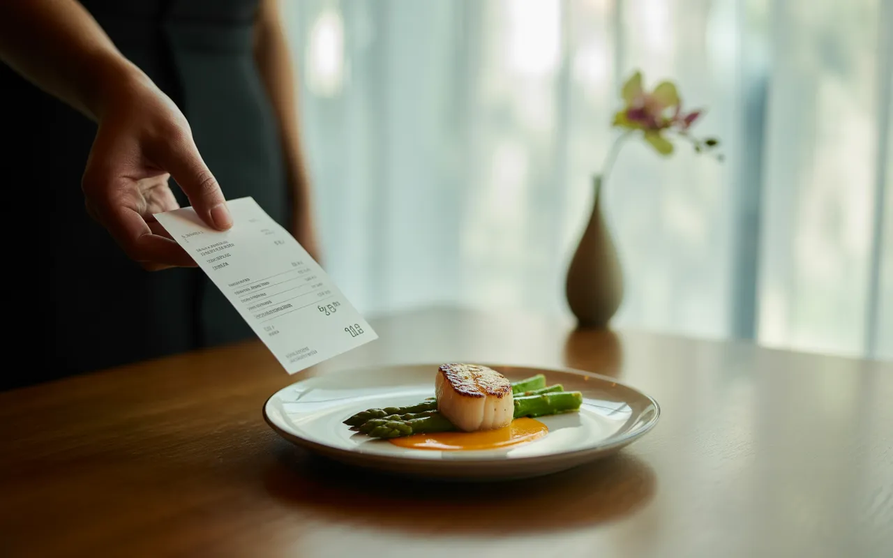 Table de restaurant moderne avec assiette soignée et reçu fiscal posé à côté, main de serveur donnant l’addition, symbolisant la tva en restauration, ambiance chaleureuse et décor contemporain en arrière-plan flou.