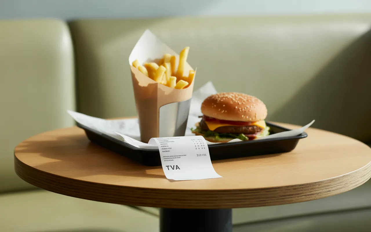 Plateau de fast-food moderne avec burger, frites, boisson et reçu de caisse, illustrant tva en restauration dans un restaurant rapide contemporain, plan rapproché, ambiance lumineuse et professionnelle.