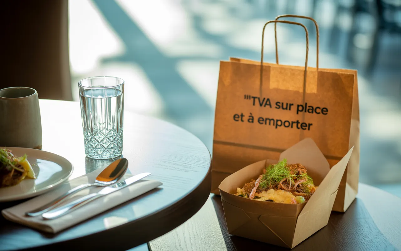 Table de restaurant avec une assiette dressée et un sac à emporter contenant un plat similaire, illustrant la différence de tva en restauration sur place et à emporter.