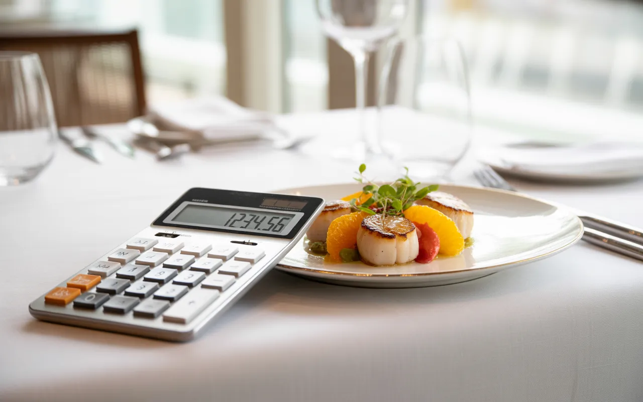 Main d’adulte posant une calculatrice moderne à côté d’une assiette gastronomique sur une table élégante de restaurant, illustrant la gestion de la tva en restauration.