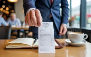 Main d’entrepreneur posant un reçu de restaurant sur table en bois, carnet et tasse de café à côté, gestion administrative de la tva en restauration dans un environnement professionnel moderne.