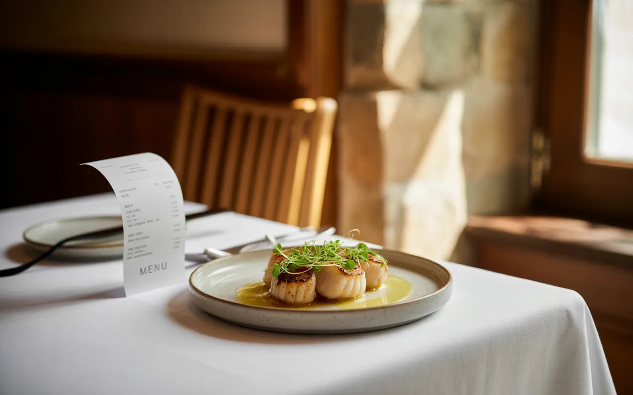 Table de restaurant traditionnel français élégamment dressée avec un cahier de comptes, une addition imprimée en focus et une assiette gastronomique, illustrant le concept de tva en restauration dans un cadre chaleureux et professionnel.
