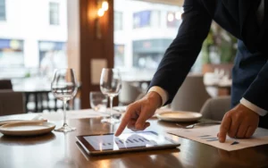 Mains d’un expert comptable restauration et d’un restaurateur examinant des documents financiers et une tablette sur une table de restaurant moderne, arrière-plan flou avec éléments gastronomiques, lumière naturelle et ambiance professionnelle.