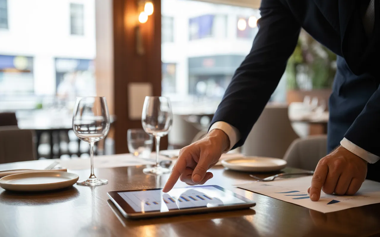 Mains d’un expert comptable restauration et d’un restaurateur examinant des documents financiers et une tablette sur une table de restaurant moderne, arrière-plan flou avec éléments gastronomiques, lumière naturelle et ambiance professionnelle.