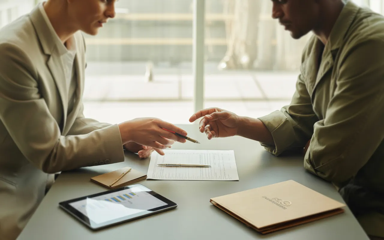 Expert comptable restauration et restaurateur collaborant sur des documents financiers, analyse de vente sur ordinateur portable, mains au premier plan sur une table de bureau moderne, ambiance professionnelle et lumineuse.