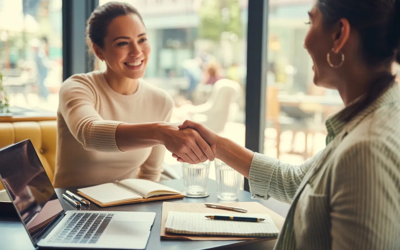 Expert comptable restauration serrant la main d’un restaurateur autour de documents comptables dans un restaurant moderne, ambiance professionnelle et chaleureuse.