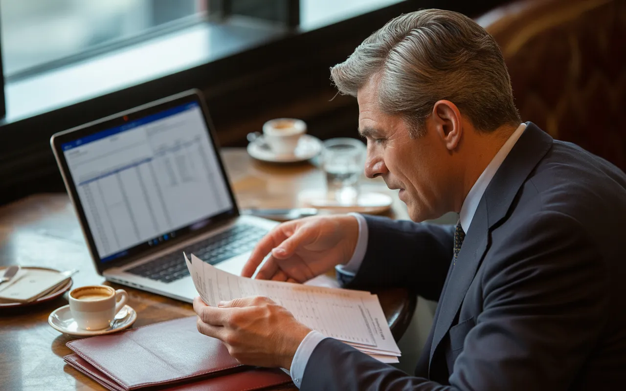 Expert comptable restauration travaillant sur ordinateur portable dans un restaurant élégant, entouré de documents financiers, carnet de menus et tasse à café, ambiance professionnelle et chaleureuse.