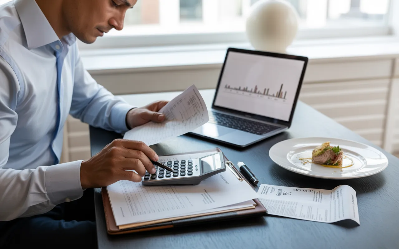 Expert comptable restauration analysant des documents financiers de restaurant sur un bureau moderne avec ordinateur portable, calculatrice et reçu de restaurant, ambiance professionnelle et lumineuse.