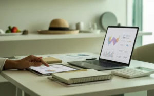 Expert comptable restauration travaillant sur un bureau moderne avec ordinateur portable, tablette, carnet de notes et calculatrice, éléments de décoration évoquant la restauration en arrière-plan flou, ambiance professionnelle et contemporaine.