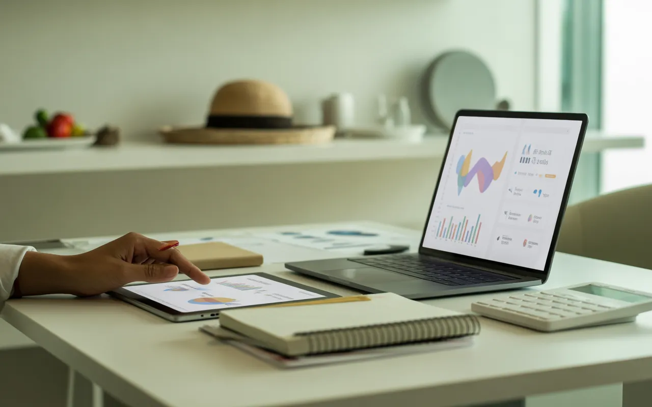 Expert comptable restauration travaillant sur un bureau moderne avec ordinateur portable, tablette, carnet de notes et calculatrice, éléments de décoration évoquant la restauration en arrière-plan flou, ambiance professionnelle et contemporaine.