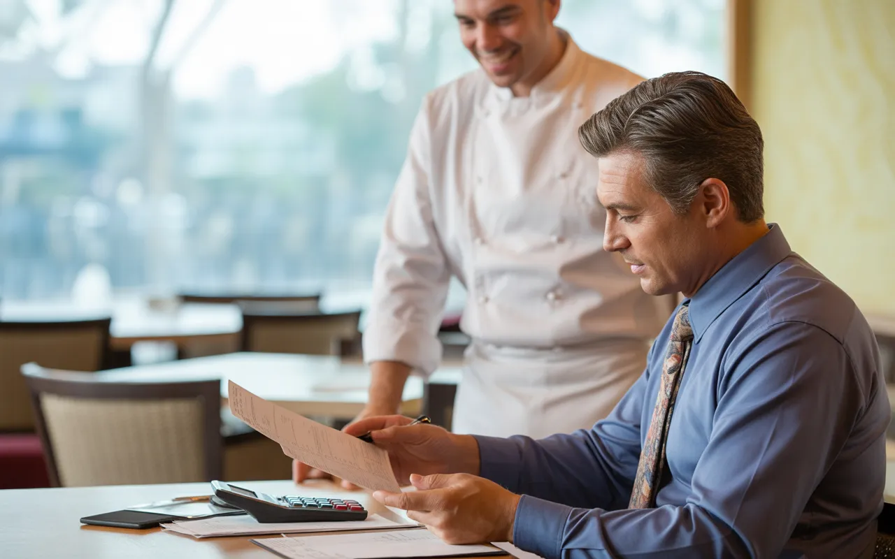 Expert comptable restauration en réunion avec chef cuisinier, examinant des documents financiers sur une table de restaurant moderne, ambiance chaleureuse et professionnelle.
