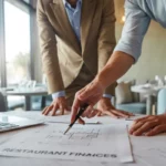 Expert comptable restauration collaborant avec un restaurateur sur des documents financiers et plans de restaurant, autour d'une table de travail moderne, lumière naturelle, ambiance professionnelle et chaleureuse.