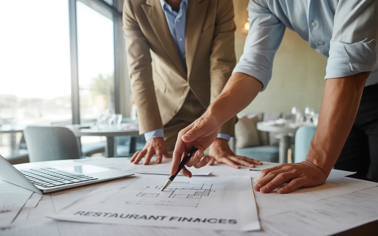 Expert comptable restauration collaborant avec un restaurateur sur des documents financiers et plans de restaurant, autour d'une table de travail moderne, lumière naturelle, ambiance professionnelle et chaleureuse.