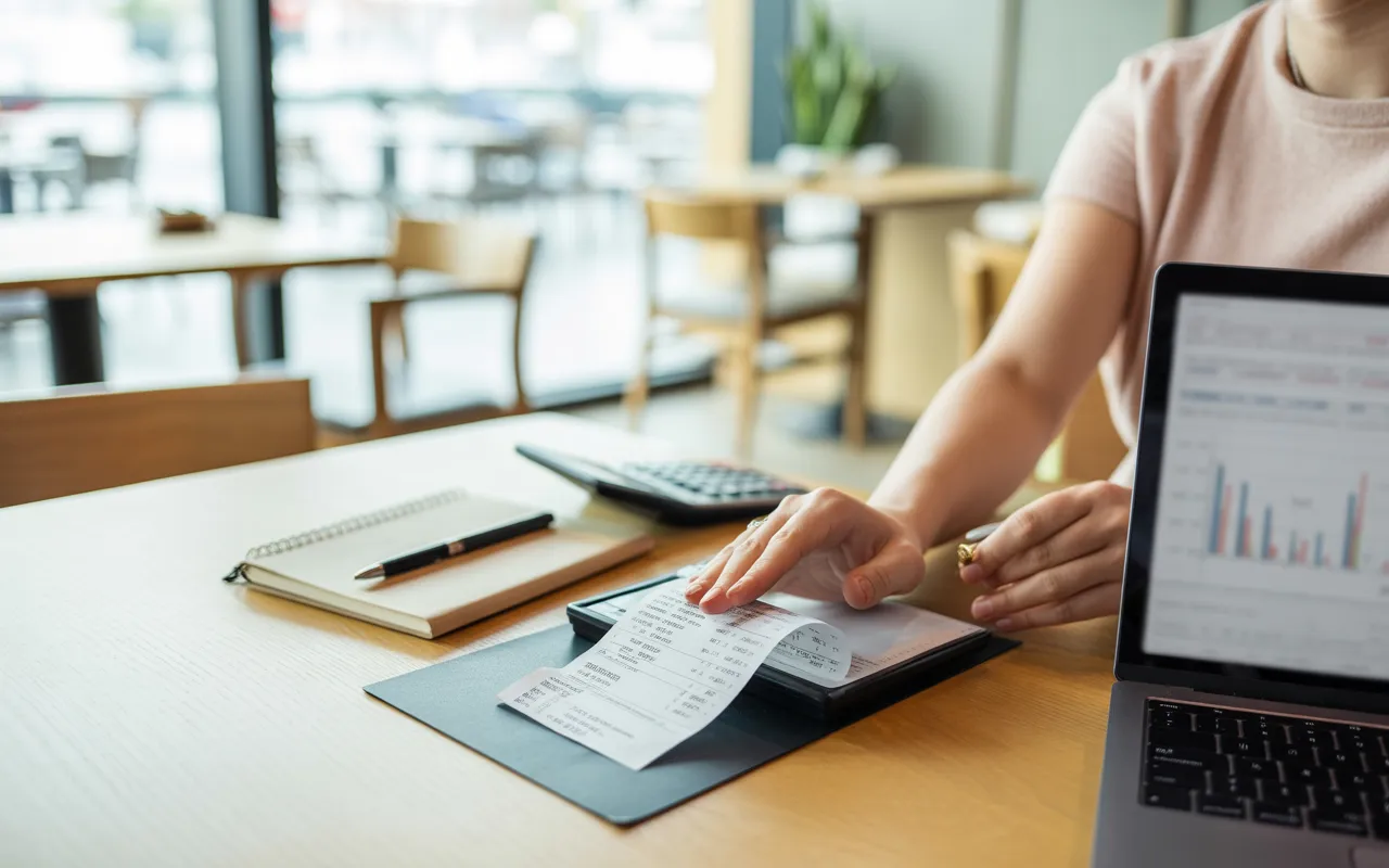Expert comptable restauration travaillant sur ordinateur portable et calculatrice dans un restaurant moderne, gestion des obligations fiscales 2025, table en bois clair avec documents financiers, ambiance professionnelle chaleureuse.