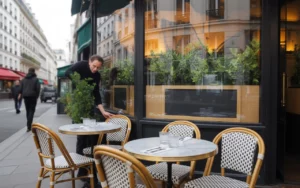 Restaurant d’angle neuf à Paris: terrasse élégante avec tables en marbre et chaises en rotin; le propriétaire ajuste une chaise, lumière matinale, intérieur épuré — aide à la création restaurant paris
