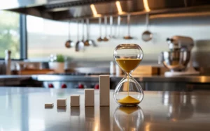 Sablier doré et piles de jetons croissantes sur comptoir inox en cuisine professionnelle floutée; amortissement matériel cuisine, durées et taux.