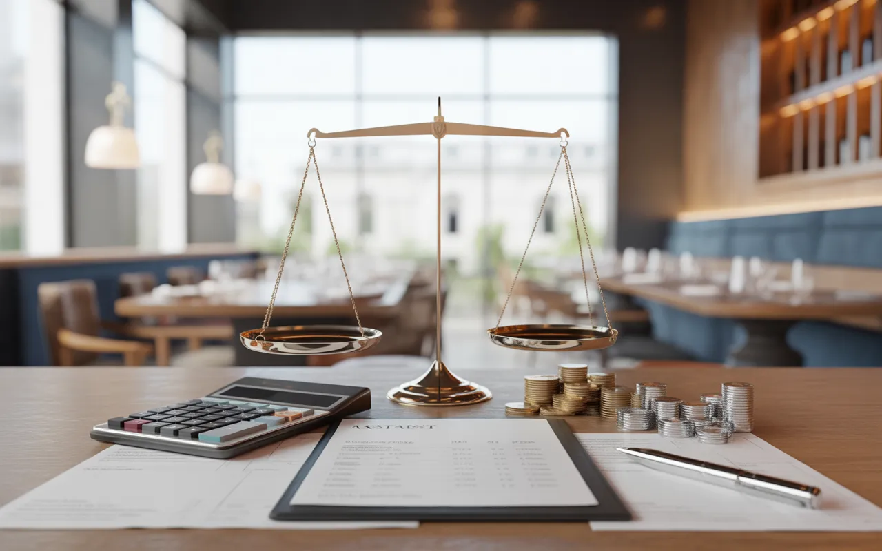 Calculatrice, balance de justice et pièces sur table en bois; main d’auditeur prenant une feuille, restaurant chic en bokeh — audit légal restaurant, obligations et seuils 2025