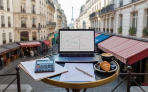 Vignette business plan restaurant paris sur terrasse de café chic: ordinateur portable avec graphiques, calculatrice, documents, espresso et croissant; façades haussmanniennes en bokeh, Tour Eiffel floue, lumière dorée.