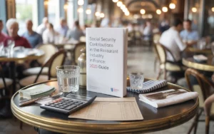 Charges sociales restauration france : table de bistrot en bois clair près d’une fenêtre, calculatrice et documents de paie flous, euros, pince-ardoise, veste de chef et plateau au soleil du matin.