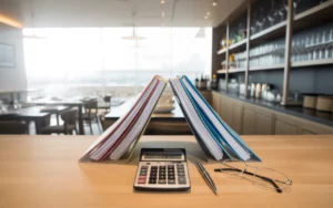 Nature morte sur comptoir de restaurant: calculatrice éteinte, stylo métallique, lunettes, classeur à intercalaires, documents financiers, repose-addition et thermomètre en acier; commissariat aux comptes restauration.