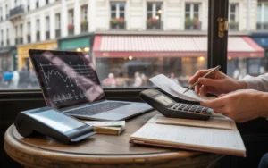 comptabilité restaurant paris : mains d’un restaurateur triant des tickets, calculatrice et laptop aux graphiques abstraits sur table de bistrot, terminal de paiement, euros et espresso, arrière-plan haussmannien flou.