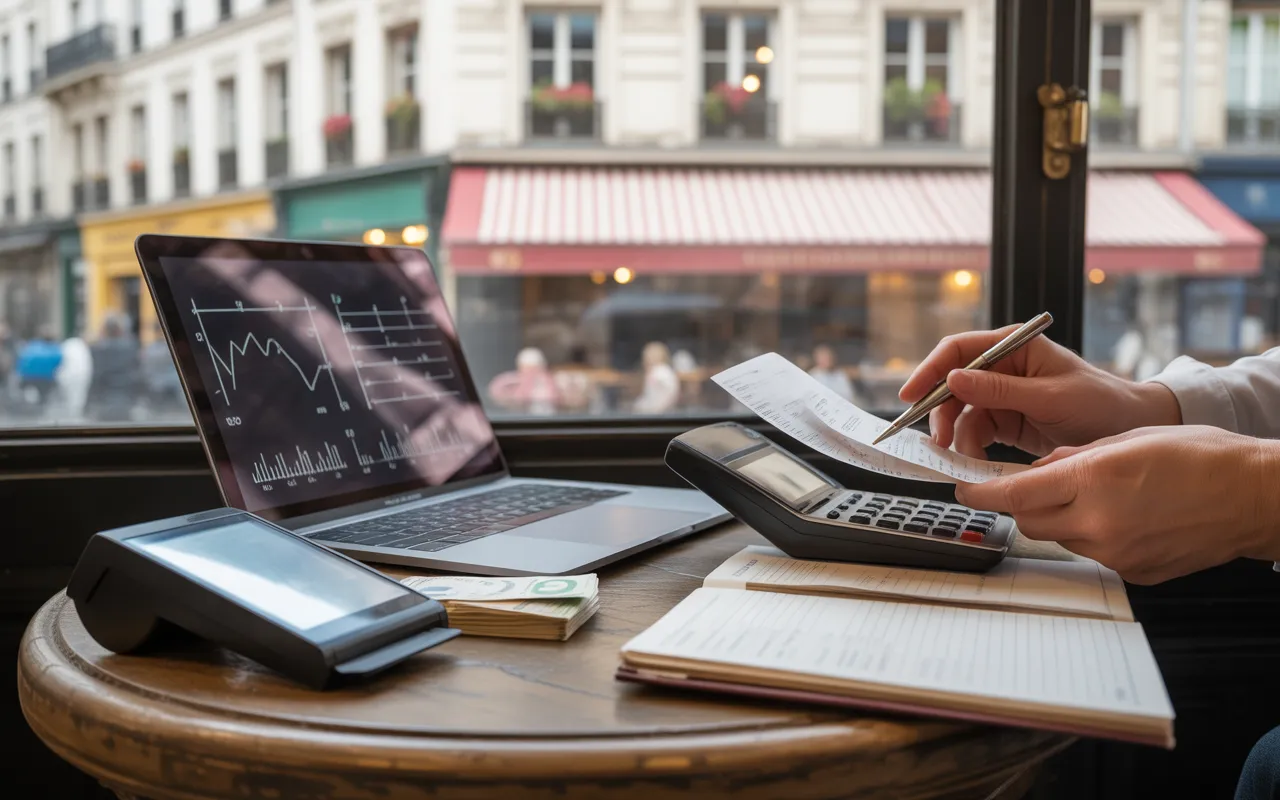 comptabilité restaurant paris : mains d’un restaurateur triant des tickets, calculatrice et laptop aux graphiques abstraits sur table de bistrot, terminal de paiement, euros et espresso, arrière-plan haussmannien flou.