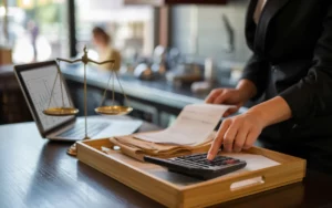 comptabilité restauration : mains d’un gérant au back-office d’un restaurant vérifiant factures et reçus avec calculatrice, ordinateur portable et balance de justice, obligations légales 2025