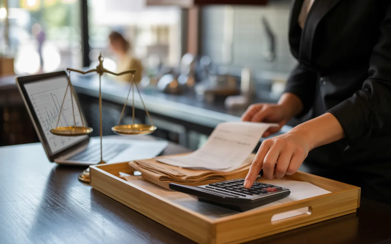 comptabilité restauration : mains d’un gérant au back-office d’un restaurant vérifiant factures et reçus avec calculatrice, ordinateur portable et balance de justice, obligations légales 2025