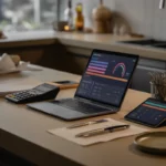 comptabilité restauration 2025: sur un comptoir de restaurant moderne, ordinateur portable et tablette aux tableaux de bord sans texte, calculatrice, lecteur de cartes, reçus, assiette et couverts; choix de logiciel, lumière chaude, cuisine ouverte en bokeh.