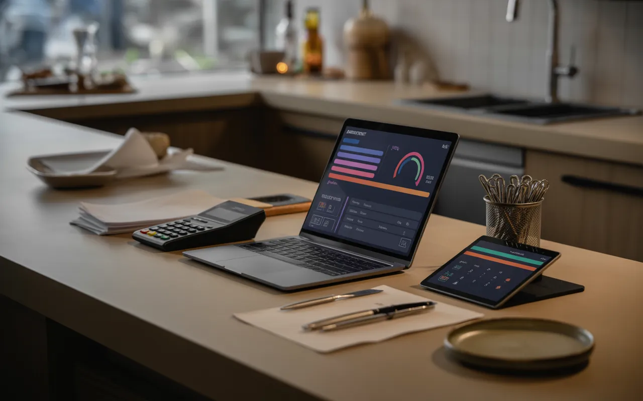 comptabilité restauration 2025: sur un comptoir de restaurant moderne, ordinateur portable et tablette aux tableaux de bord sans texte, calculatrice, lecteur de cartes, reçus, assiette et couverts; choix de logiciel, lumière chaude, cuisine ouverte en bokeh.