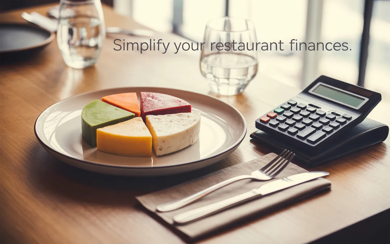 Comptabilité restauration – flat lay d’une assiette blanche avec un camembert alimentaire évoquant la TVA, calculatrice éteinte et porte-addition sur table de bistrot.