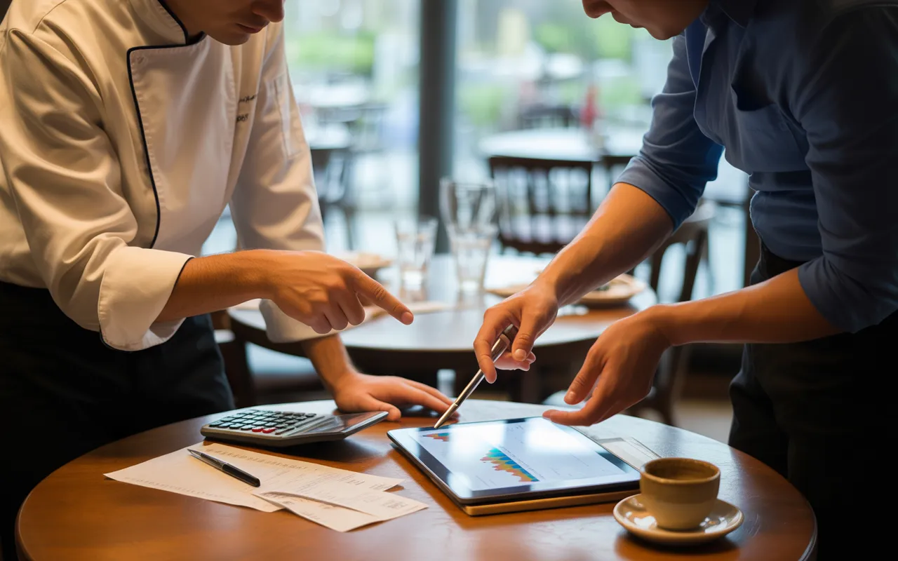 Mains du chef et du comptable restaurant pointant un graphique coloré sur une tablette, avec calculatrice, reçus flous et tasse de café dans un restaurant moderne et chaleureux.