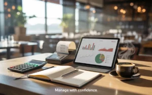 Scène de comptable restaurant: tablette avec graphiques, calculatrice, carnet et rouleau de tickets sur table en bois, lumière du matin, salle de restaurant floue.