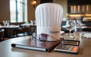 Nature morte photo-réaliste: toque et tablier avec lunettes sur table de restaurant, classeur en cuir et calculatrice éteinte, sablier et horloge flous; congés et masse salariale restauration