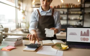 conseils comptables restaurateurs débutants : vue oblique au-dessus de l’épaule des mains d’un jeune restaurateur triant des reçus et utilisant une calculatrice, carnet ouvert et ordinateur portable aux graphiques abstraits, herbes et citron sur comptoir en bois clair; lumière naturelle, bokeh
