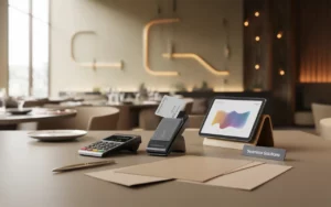 Chef et expert-comptable collaborant sur une table de restaurant moderne, calculatrice, terminal de paiement et stylo nets, tablette aux graphiques floutés; coût expert comptable restaurant.